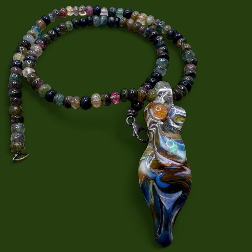 Handcrafted Glass Goddess Pendant Necklace – Earthy Gemstone-style swirl Beads